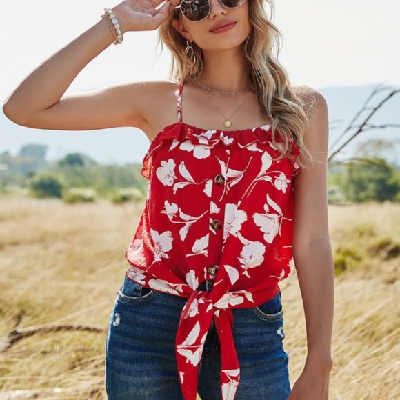 Tops - Floral Print Tank Top With Tie & Ruffle
